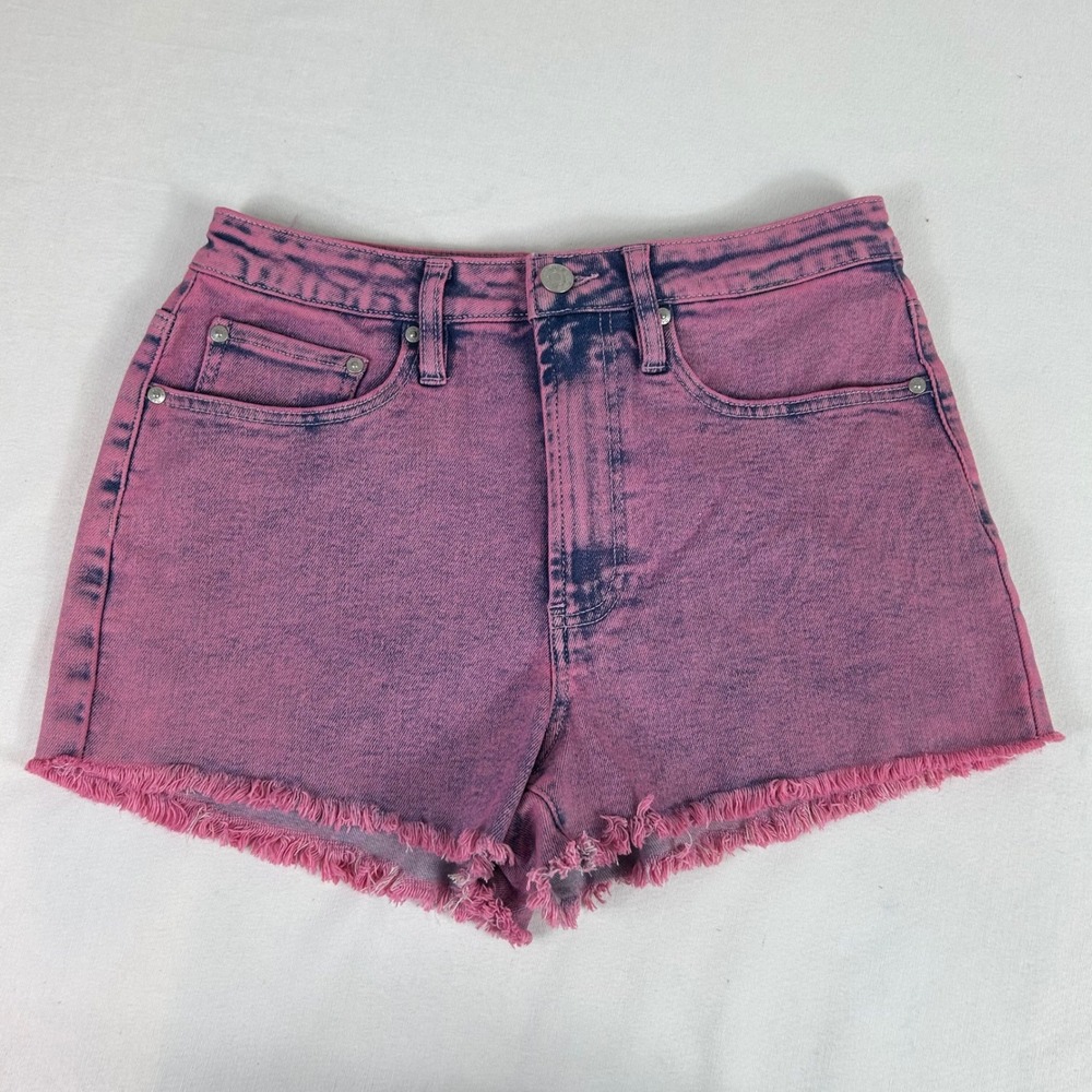 Madden NYC Denim Shorts High Waist‎ Frayed Hem Pink Acid Wash Juniors Size 7